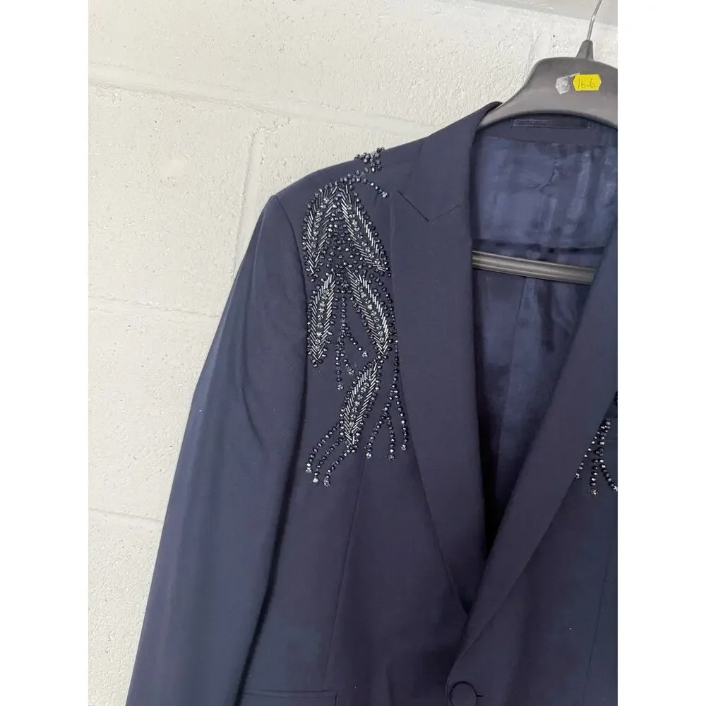 TORRES Mens Navy Suit US 44 EU 54 Beaded Sequin Embellished Jacket Pants Set N14